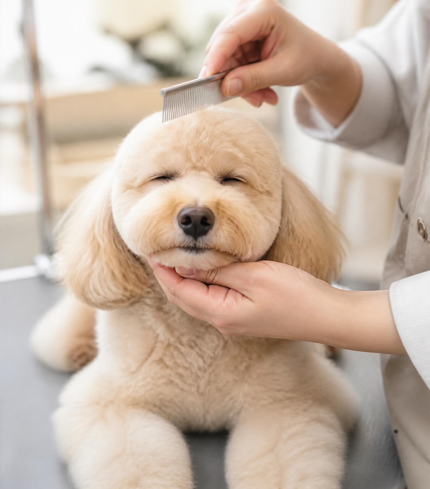 Calm dog being gently combed