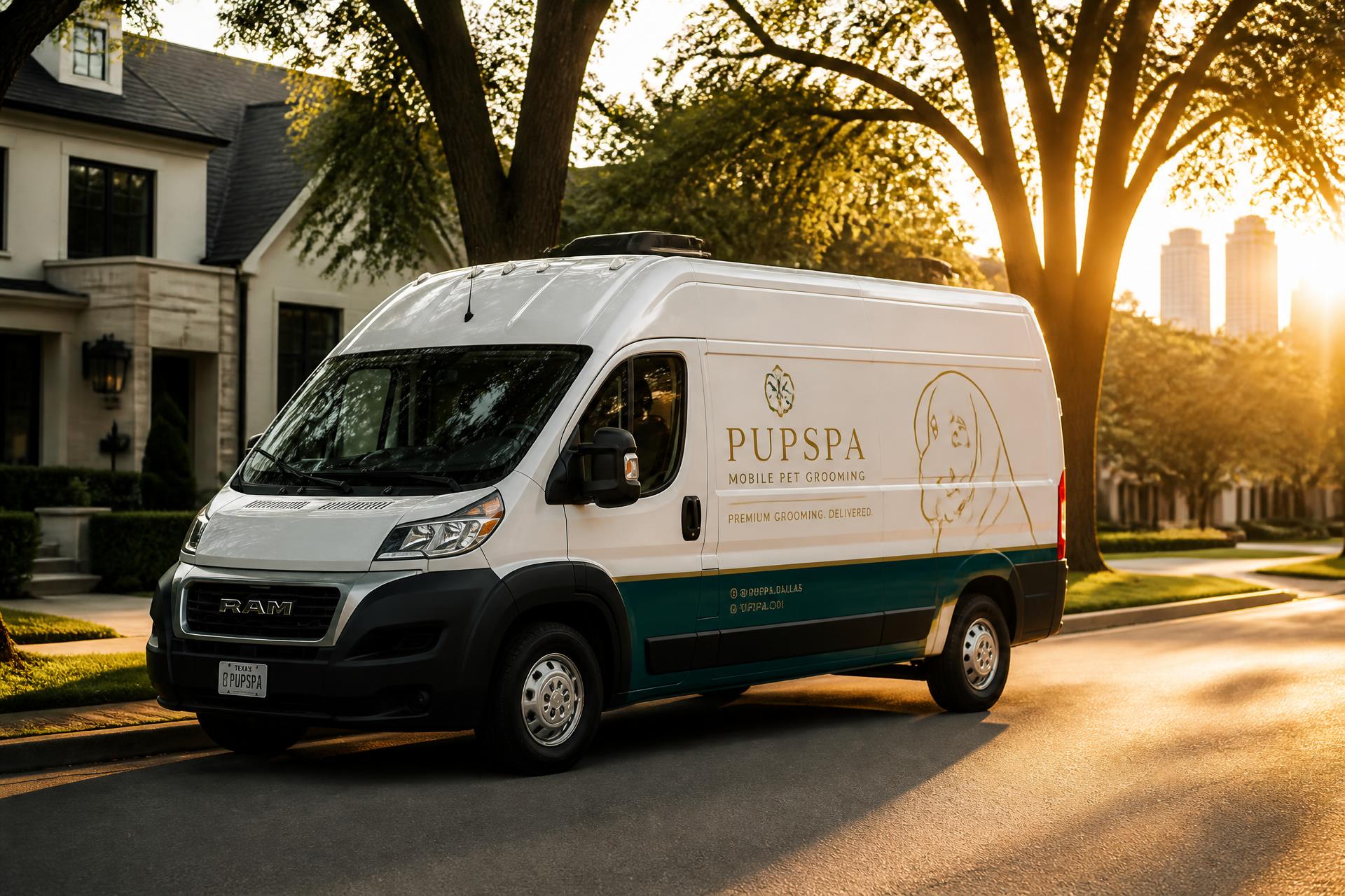 Uptown Clippers mobile grooming van parked on a leafy Dallas street at golden hour